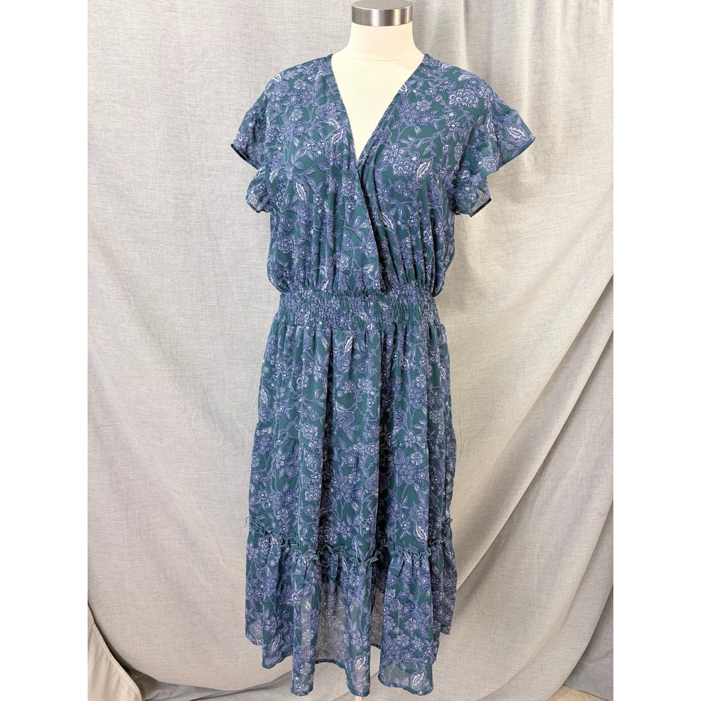 Voy Teal Blue Floral Midi Dress Smocked Waist Flutter Sleeve L Cottagecore